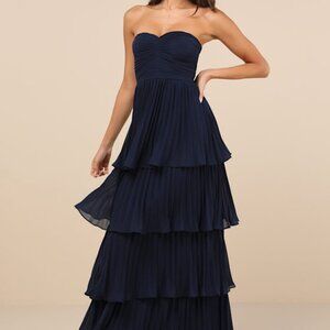 Lulus Seriously Sensational Navy Blue Strapless Tiered Maxi Dress - Size M